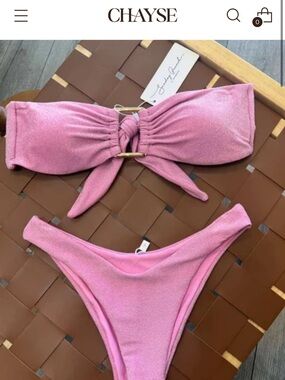 Pink glittery bikini TOP with gold buckle detail. Bora Bikini Top
